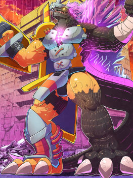 abs armor bandai biceps building claws covered_abs crossover crotch_plate destruction digimon digimon_(creature) fusion glowing glowing_eyes glowing_spikes godzilla godzilla_(monsterverse) godzilla_(series) godzilla_evolved godzilla_x_kong:_the_new_empire helmet highres kaiju king_kong_(series) legendary_pictures metalgreymon_g_erosion_mode monster monsterverse multiple_crossover muscular muscular_arms muscular_legs no_humans no_pupils open_mouth pectorals rubble saliva saliva_trail sharp_teeth shield spikes tail teeth thick_thighs thighs toho tongue wargreymon yellow_eyes youwantstars