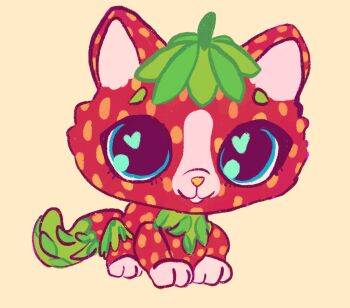 Rule 34 | cat, food, fruit, heart, heart-shaped pupils, highres, humblbee, littlest pet shop, looking at viewer, no humans, polka dot, red fur, simple background, solo, strawberry, symbol-shaped pupils, two-tone fur, yellow background