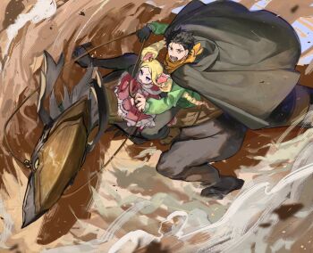 100shou 1boy 1girl beatrice_(re:zero) black_cloak black_hair blonde_hair blue_eyes capelet cloak commentary_request crown dinosaur dress drill_hair dust_cloud frilled_dress frills fur-trimmed_capelet fur_trim green_shirt hair_ribbon highres holding holding_reins hood hooded_cloak long_sleeves looking_up mini_crown natsuki_subaru open_mouth outdoors pants patrasche_(re:zero) pink_capelet pink_dress pink_ribbon re:zero_kara_hajimeru_isekai_seikatsu reins ribbon riding riding_dinosaur saddle shirt short_hair sitting twin_drills