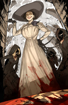 4girls alcina_dimitrescu bela_dimitrescu black_gloves black_hair blood blood_on_clothes bloody_clothes bloody_dress breasts cassandra_dimitrescu claws cleavage daniela_dimitrescu dress earrings flower gloves hand_on_own_hip highres jewelry kankan33333 kiseru large_breasts lipstick looking_at_viewer makeup multiple_girls orange_eyes resident_evil resident_evil_village rug smile smoking_pipe white_dress