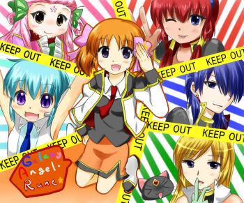 &gt;_&lt; 00s 6+girls ;p anise_azeat apricot_sakuraba blonde_hair blue_eyes blue_hair blush cat caution_tape character_request copyright_name facial_mark forehead_mark formal_clothes galaxy_angel galaxy_angel_rune kahlua_marjoram keep_out lily_c._sherbet looking_at_viewer multiple_girls nano-nano_pudding necktie one_eye_closed open_mouth orange_hair pink_hair puffy_sleeves purple_eyes salute skirt skirt_suit striped_background suit tequila_marjoram tongue tongue_out