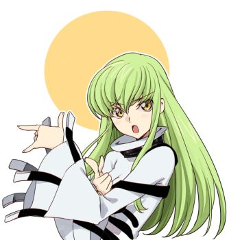 1girl blush breasts c.c. code_geass creayus green_hair hair_between_eyes hands_up long_hair medium_breasts open_mouth sidelocks solo straitjacket upper_body v-shaped_eyebrows white_background wide_sleeves yellow_eyes