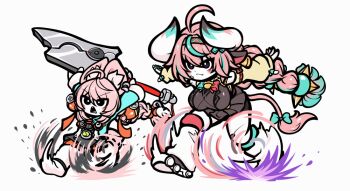 2girls ahoge animal_ears animated animated_gif braid breasts commentary_request cow_ears cow_girl cow_horns cow_tail crossover genshin_impact holding holding_sword holding_weapon horns korean_commentary large_breasts long_hair looping_animation multiple_girls outstretched_arms pink_hair rabbit_ears rabbit_girl running simple_background sword tail trait_connection twin_braids uncolorcube varesa_(genshin_impact) weapon wheel_o_feet white_background zenless_zone_zero zhao_(zenless_zone_zero)