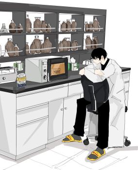 Rule 34 | 1boy, black hair, black pants, black socks, bottle, chair, commentary request, crossed arms, drawer, erlenmeyer flask, flask, grey socks, highres, indoors, laboratory, limbus company, long sleeves, microwave, office chair, pants, pocket, project moon, sandals, simple background, sitting, socks, solo, swivel chair, test tube rack, tissue box, white background, yakumineg1, yellow sandals, yi sang (project moon)