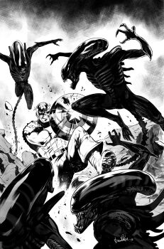 1boy 4others absurdres alien alien_(series) boots captain_america captain_america_(series) clenched_teeth commentary cowl crossover dani_parker english_commentary fighting gloves helmet highres holding holding_shield male_focus marvel monochrome monster multiple_others muscular muscular_male ribs saliva sharp_teeth shield signature star_(symbol) superhero_costume tail teeth winged_helmet xenomorph