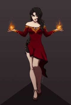 &gt;:) 1girl artist_name black_hair breasts cinder_fall collarbone dress evil_smile fire full_body grey_background grin highres holding holding_flame long_hair mirzers off-shoulder_dress off_shoulder pyrokinesis red_dress rwby smile solo v-shaped_eyebrows