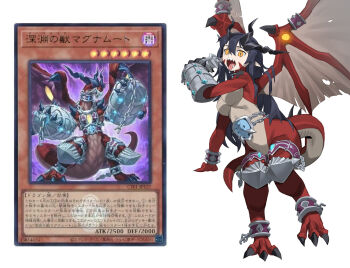 Rule 34 | 1girl, absurdres, belt, black hair, black horns, bracelet, breasts, bystial magnumhut, card, colored extremities, commentary, commentary request, digitigrade, dragon girl, dragon horns, dragon tail, dragon wings, drooling, duel monster, english text, gauntlets, highres, hjjeon02, horns, humanization, jewelry, knee pads, korean commentary, logo, long hair, medium breasts, monster girl, sharp teeth, slit pupils, solo, tail, teeth, tongue, tongue out, wings, yu-gi-oh!