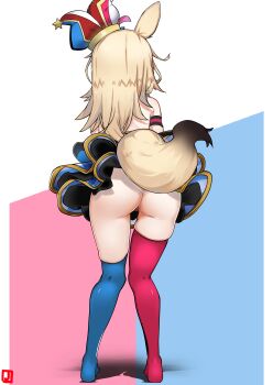 1girl absurdres animal_ears ass bandaid bandaid_on_pussy blonde_hair blue_dress blue_thighhighs commentary dress fox_ears fox_girl fox_tail from_behind full_body hat highres hololive jester_cap johnny_(braun-kan_cafe) long_hair mismatched_thighhighs no_panties no_shoes omaru_polka omaru_polka_(1st_costume) pink_thighhighs solo standing tail thighhighs tilted_headwear virtual_youtuber