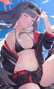 1girl adjusting_eyewear belt bikini bikini_bottom_under_shorts bikini_under_clothes black_bikini black_choker black_hair black_jacket black_shorts black_wings blue_archive chikabe choker eyewear_on_head feathered_wings halo hand_on_eyewear highres ichika_(blue_archive) ichika_(swimsuit)_(blue_archive) jacket long_hair low_wings o-ring o-ring_bikini o-ring_top one_eye_closed open_clothes open_jacket open_shorts red_belt red_halo shorts smile solo sunglasses swimsuit teeth unusually_open_eyes wings