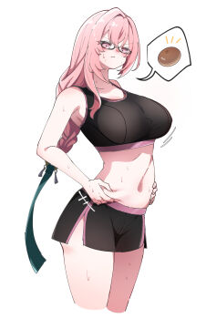 1girl absurdres alternate_costume bare_shoulders black_bra black_shorts blue_ribbon blush bra breasts caseee999 closed_mouth commentary_request cowboy_shot cropped_legs dolphin_shorts food glasses highres large_breasts long_hair long_ribbon motion_lines navel pink_eyes pink_hair ribbon shorts simple_background solo spoken_food sports_bra steamed_bun stomach sweat tsukishiro_yanagi underwear weight_conscious white_background zenless_zone_zero