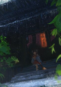 1girl absurdres architecture barefoot bow broom commentary_request dark east_asian_architecture hakurei_reimu highres holding holding_broom japanese_clothes koukouya lantern leaf miko night outdoors plant rain red_bow shrine solo stairs touhou water_drop wet