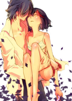 1boy 1girl 1other black_hair bra grip gripping_clothes kamui_(kill_la_kill) kill_la_kill life_fiber matoi_ryuuko mikisugi_aikurou multicolored_hair panties red_hair ren_mizuha senketsu shirt short_hair simple_background streaked_hair striped_bra striped_clothes striped_panties two-tone_hair unconscious underwear white_background white_shirt