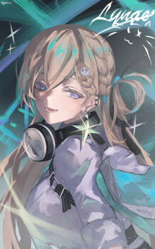 1girl absurdres blonde_hair braid braided_bangs breasts character_name commentary earrings hair_ornament headphones headphones_around_neck highres jewelry k4ja0002 long_hair looking_at_viewer looking_to_the_side lynae_(wuthering_waves) medium_breasts open_mouth revision shirt skull_hair_ornament smile solo star_(symbol) star_earrings upper_body white_shirt wuthering_waves