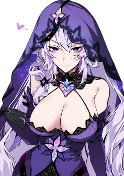 1girl absurdres aer007580 black_gloves black_swan_(honkai:_star_rail) breasts cleavage commentary dress english_commentary gloves highres honkai:_star_rail honkai_(series) large_breasts long_hair looking_at_viewer purple_dress purple_eyes purple_hair purple_veil simple_background solo veil very_long_hair white_background