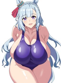 1girl animal_ears blue_hair blue_one-piece_swimsuit braid breasts cleavage covered_navel crown_braid curvy ear_ornament hair_ribbon horse_ears horse_girl horse_tail huge_breasts long_hair mejiro_ardan_(umamusume) one-piece_swimsuit open_mouth plump purple_eyes red_ribbon ribbon ringosu33333 skindentation smile solo standing swimsuit tail thick_thighs thighs tight_clothes umamusume white_background