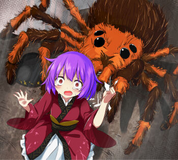 1girl against_glass blush bowl bug commentary_request crying crying_with_eyes_open hand_on_glass helpless highres japanese_clothes kimono long_sleeves mini_person minigirl obi open_mouth peril predator_and_prey purple_hair red_eyes red_kimono ryona sash scared solo spider sukuna_shinmyoumaru sweat tarantula tears textless_version touhou trembling tsuukinkaisoku_oomiya wide_sleeves