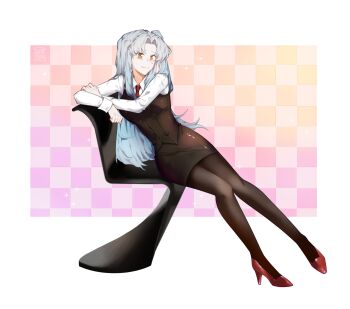 1girl absurdres angela_(project_moon) black_skirt black_vest blue_hair brown_pantyhose chair checkered_background collared_shirt commentary curtained_hair full_body gradient_hair grey_hair high_heels highres leaning_on_object lobotomy_corporation long_hair looking_at_viewer multicolored_hair necktie on_chair one_side_up pantyhose pencil_skirt project_moon red_necktie red_shoes shirt shoes signature sitting skirt smile solo suyapuya vest white_shirt yellow_eyes