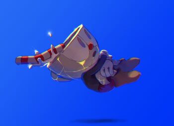 1boy blue_background broken broken_cup broken_vase cup cuphead cuphead_(game) defeat doi_m2000 drinking_straw dripping gloves gold highres kintsugi liquid shirt shorts sparkle spill spilling white_gloves