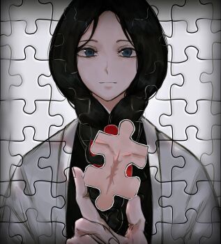 Rule 34 | 1girl, 1other, anima tion 1, balcony, bleach, blue eyes, braid, collarbone, haori, highres, holding puzzle piece, japanese clothes, jigsaw puzzle, light smile, long hair, puzzle, puzzle piece, scar, straight-on, taichou haori, unohana retsu, upper body