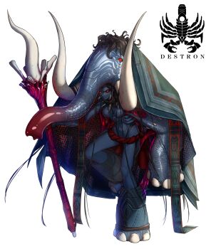 1girl animal_feet animal_hands black_hair black_sclera black_skin closed_mouth colored_sclera colored_skin commentary eidenjyou1997 elephant_girl emblem full_body genderswap genderswap_(mtf) highres holding holding_scepter kamen_rider kamen_rider_v3_(series) kyuuketsu_mammoth long_hair looking_at_viewer monster_girl navel red_eyes scepter simple_background solo standing standing_on_one_leg tusks very_long_hair white_background