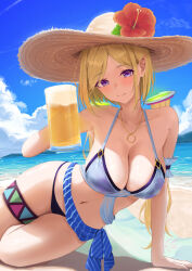 Rule 34 | 1girl, aki rosenthal, alcohol, alternate costume, bare shoulders, beach, beer, beer mug, bikini, blonde hair, blue sky, blush, breasts, cleavage, cloud, collarbone, commentary, cup, day, detached hair, flower, halterneck, haro art, hat, highres, holding, holding cup, hololive, jewelry, large breasts, looking at viewer, low twintails, lying, mug, navel, necklace, ocean, on side, outdoors, parted bangs, purple eyes, red flower, sand, short hair, sky, smile, solo, straw hat, sun hat, swimsuit, thighs, twintails, upper body, virtual youtuber, water