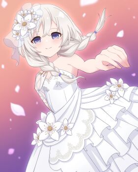 Rule 34 | 1girl, assault lily, bare shoulders, blue eyes, blush, braid, breasts, bride, closed mouth, commentary request, commission, cowboy shot, dress, dress flower, dutch angle, elbow gloves, floating hair, flower, frilled dress, frills, gloves, gradient background, grey hair, hair flower, hair ornament, hand on own chest, hands up, highres, jewelry, lace-up gloves, long hair, looking at viewer, low twin braids, low twintails, official alternate costume, official alternate hairstyle, orange background, piatin, purple background, reaching, reaching towards viewer, ring, shiozaki suzume, single bare arm, single elbow glove, skeb commission, small breasts, solo, standing, strapless, strapless dress, twin braids, twintails, two-tone background, wedding dress, white flower, white gloves