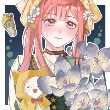1girl ^_^ animal blue_background blush border bouquet bow bow_choker bowtie brown_bow brown_choker brown_eyes bud cat choker cloak closed_eyes closed_mouth clothed_animal collared_shirt cross-laced_vest daisy_(flower) ear_covers expressionless eyelashes eyeshadow floral_print flower flower_button food frilled_shirt_collar frills green_vest grey_flower guanzhuangwangzi38596 hair_bow hair_flower hair_ornament headscarf highres holding holding_bouquet hood hood_up hooded_cloak ice_cream ice_cream_cone infinity_nikki lipstick long_hair long_sleeves makeup momo_(nikki) nikki_(nikki) nikki_(series) orchid outline outside_border path&#039;s_farewell_(infinity_nikki) pink_eyeshadow pink_hair pink_lips print_headwear red_bow red_bowtie ribbon-trimmed_vest shirt single_stripe sparkling_eyes striped_bow striped_choker traditional_bowtie upper_body vest whiskers white_border white_cat white_flower white_outline white_shirt yellow_cloak yellow_headscarf