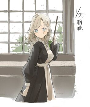 Rule 34 | 1girl, alternate costume, apron, blue eyes, blush, breasts, broom, ceras yanagida lilienfeld, closed mouth, commentary, cropped legs, dated, dot mouth, enmaided, expressionless, frilled apron, frills, grey hair, hair ribbon, highres, holding, holding broom, indoors, link! like! love live!, long hair, looking at viewer, love live!, maid, maid apron, medium breasts, ribbon, solo, virtual youtuber, white apron, window, zen66574227