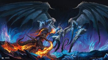 bahamut_(final_fantasy) battle breath_weapon breathing_fire claws dragon dragon_wings final_fantasy final_fantasy_xiv fire highres horns ifrit_(final_fantasy) magic:_the_gathering monster ninois no_humans official_art summoning tail western_dragon wings