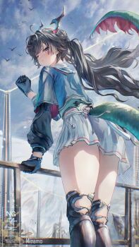 1girl absurdres arknights arknights:_endfield artist_name black_hair blue_gloves blue_jacket chen_qianyu_(arknights) clenched_hand commentary dragon_girl dragon_horns dragon_tail eastern_dragon_horns eastern_dragon_tail from_behind from_below gloves grey_eyes hand_on_railing highres horns jacket leaning_forward long_hair long_sleeves minamo_(edosei_edo) outdoors pleated_skirt pout railing skirt solo tail thighs twintails very_long_hair watermark white_skirt