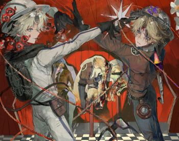 2boys absurdres bandaid bandaid_on_face bandaid_on_nose belt black_belt black_gloves blonde_hair blood blue_eyes brown_jacket cowboy_shot curtains facial_mark flower freckles gloves gun gun_to_head hair_intakes hat highres holding holding_gun holding_weapon identity_v injury jacket looking_at_viewer male_focus mike_morton mike_morton_(pumping_tires) multiple_boys multiple_views norton_campbell norton_campbell_(highway_cavalier) official_alternate_costume pants red_flower small_sweatdrop spare_tire star-shaped_pupils star_(symbol) symbol-shaped_pupils unused_tire weapon white_hat white_jacket white_pants xiaomianduoshao