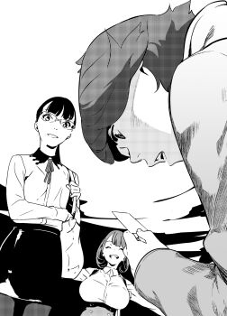 1boy 2girls breasts card closed_eyes coat gamon_yuuta glasses greyscale highres holding holding_card huge_breasts long_hair long_sleeves monochrome multiple_girls narusawa_ryouka neckerchiev non-web_source occultic;nine official_art open_mouth pako_(pakosun) pantyhose pencil_skirt round_eyewear science_adventure shirt short_hair simple_background skirt smile sumikaze_touko surprised white_shirt