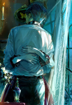 1boy 1girl akuma_shitsuji_to_kuroi_neko arms_around_waist back belt black_belt black_lace_trim black_pants blue_hair bottle bug butterfly candle candlestand collared_shirt couple cowboy_shot cross cross_earrings curtains dress earrings floating_curtains flower formal_clothes from_behind glass_bottle glint hair_slicked_back hat haures_clifford hetero highres hug indoors insect jewelry lace lace-trimmed_sleeves lace_trim light_particles long_dress long_sleeves master_(akuma_shitsuji_to_kuroi_neko) moonlight night nonoko_(meg36544) pale_skin pants perfume_bottle picture_frame pink_dress pink_nails see-through_curtains shirt short_hair sidelighting striped_collar vase vertical-striped_collar victorian waist_hug watermark white_flower white_shirt wind window_shadow yellow_butterfly