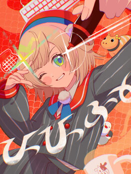 1girl beret blue_ribbon blunt_bangs blush_stickers brown_hair buttons collared_shirt double-breasted dress_shirt glint green_eyes grey_jacket grey_skirt grin hair_ornament hair_rings hat highres holding holding_stylus indie_virtual_youtuber jacket long_sleeves looking_at_viewer neck_ribbon necktie one_eye_closed orange_necktie pinstripe_jacket pinstripe_pattern pinstripe_skirt pleated_skirt pom_pom_(clothes) pom_pom_hair_ornament red_background red_hat red_sailor_collar ribbon sailor_collar school_uniform shigure_ui_(vtuber) shigure_ui_(vtuber)_(1st_costume) shiranomaru shirt short_hair side_part side_up_ring skirt sleeve_cuffs smile solo stylus swept_bangs upper_body virtual_youtuber white_shirt