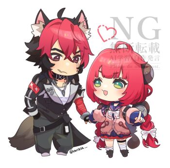1boy 1girl :3 ahoge animal_ear_fluff animal_ear_piercing animal_ears bandaged_arm bandages black_gloves black_hair black_jacket black_sailor_collar braid braided_twintails cardigan cargo_pants chest_bow chibi chibi_only chiizzz closed_mouth collar crossed_bangs dog_boy dog_ears dog_tail fingerless_gloves full_body gloves green_eyes green_pants hair_between_eyes hair_ornament hand_in_pocket hearing_aid heart hetero holding_hands jacket jewelry komano_manato leaf_in_mouth long_hair looking_at_another multicolored_hair multiple_scars necklace open_mouth pants pink_cardigan pointing red_bandage red_eyes red_hair sailor_collar scar scar_across_eye scar_on_chest scar_on_face shirt short_hair simple_background sphere_hair_ornament spiked_jacket tail thigh_strap twitter_username ukinami_yuzuha v-shaped_eyebrows watermark white_background white_shirt zenless_zone_zero