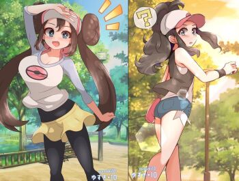 2girls arm_above_head arm_at_side arm_up ass baseball_cap black_vest blue_eyes blue_shirt blue_shorts blush breasts brown_hair collarbone day denim denim_shorts dot_nose feet_out_of_frame from_behind hat large_breasts long_hair looking_at_viewer looking_back multiple_girls multiple_views nintendo open_mouth outdoors pantyhose pokemon pokemon_bw pokemon_bw2 ponytail red_hat rosa_(pokemon) shirt shorts smile standing sunset surprised t-shirt twintails two-tone_hat two-tone_shirt variant_set vest white_hat white_shirt yellow_shorts yuzukiaz