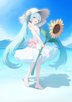 1girl absurdres aqua_bow aqua_eyes aqua_hair arm_up barefoot blue_sky blush bow chinese_commentary cloud collarbone commentary_request day double-parted_bangs dress dress_bow flower frilled_dress frills full_body hair_between_eyes hat hat_flower hatsune_miku highres holding holding_flower holding_plant irain long_hair mountainous_horizon number_tattoo ocean one_eye_closed open_mouth outdoors pink_bow pink_flower pink_rose plant rose shadow shoulder_tattoo sky sleeveless sleeveless_dress solo straw_hat sun_hat sundress sunflower tattoo teeth toes twintails upper_teeth_only very_long_hair vocaloid walking water white_dress yellow_hat