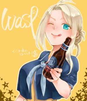 Rule 34 | 1girl, alcohol, aqua eyes, artist logo, beer, beer bottle, blonde hair, blue neckerchief, blue shirt, character name, commentary request, dress, hair bun, highres, kantai collection, logo, neckerchief, oeoeuhoho, one eye closed, shirt, solo, tongue, tongue out, translation request, wasp (kancolle), yellow background, yellow dress