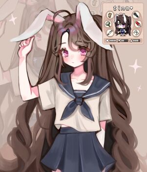 1girl absurdres ahoge animal_ears arm_at_side artist_name blue_neckerchief blue_sailor_collar blue_skirt blush brown_background closed_mouth commentary cowboy_shot english_commentary expressionless hand_up highres loltinami miniskirt neckerchief original parted_bangs pink_eyes rabbit_ears rabbit_girl reference_inset sailor_collar school_uniform serafuku shirt short_sleeves skirt solo standing watermark white_shirt zoom_layer