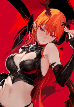 1girl armor bikini_armor black_gloves breasts cleavage closed_mouth commentary_request copyright_request elbow_gloves fingerless_gloves gloves hand_on_own_stomach highres horns medium_breasts navel nil orange_eyes orange_hair red_background solo upper_body