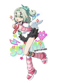 1girl arm_warmers artofmiin bandaid bandaid_hair_ornament black_skirt blush character_name commentary fang full_body fur-trimmed_skirt fur_trim green_eyes green_hair hair_ornament heart heart_hair_ornament highres leg_up leg_warmers lightning_bolt_symbol looking_at_viewer multiple_hair_clips necktie open_mouth pink_arm_warmers pink_bag pink_leg_warmers pink_shoes ponytail red_necktie shirt shoes simple_background skirt solo sparkle star_(symbol) striped_arm_warmers striped_leg_warmers sunna_(zenless_zone_zero) symbol-only_commentary twitter_username white_background white_shirt white_wings winged_bag wings zenless_zone_zero