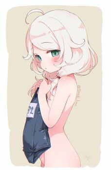 1girl absurdres ahoge blonde_hair blue_one-piece_swimsuit blush chromatic_aberration clenched_hands cowboy_shot expressionless flat_chest from_side green_eyes hands_up highres holding holding_swimsuit holding_unworn_clothes idolmaster idolmaster_cinderella_girls komodj loli long_hair looking_at_viewer looking_to_the_side low_twintails medium_hair name_tag nude one-piece_swimsuit school_swimsuit short_twintails solo standing straight_hair swimsuit twintails unworn_swimsuit yusa_kozue
