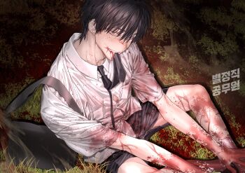 Rule 34 | 1boy, absurdres, bag, black hair, black necktie, black shorts, blood, blood on clothes, blood on face, blood on ground, blood on leg, blood splatter, chamuring, collared shirt, han maru, hashtag-only commentary, highres, korean text, looking at viewer, male focus, mouth hold, necktie, necktie in mouth, on grass, shirt, short hair, shorts, shoulder bag, sitting, solo, special civil servant, teeth, teeth hold, white shirt
