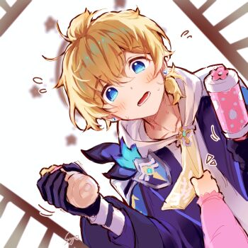 Rule 34 | 1boy, 1other, baby, black gloves, blonde hair, blue eyes, blue jacket, blush, crib, earrings, flying sweatdrops, genshin impact, gloves, hair between eyes, highres, holding, hood, hoodie, ice s s z, jacket, jewelry, long sleeves, looking at viewer, male focus, mika (genshin impact), necktie, open mouth, ponytail, pov, short hair, short ponytail, sweat, upper body, white hoodie, yellow necktie