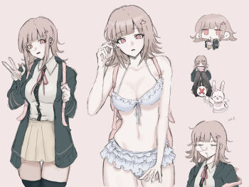 1girl bikini black_thighhighs blush breasts brown_hair collared_shirt danganronpa_(series) danganronpa_2:_goodbye_despair flipped_hair hair_ornament highres hood jacket layered_bikini long_sleeves looking_at_viewer medium_hair mirin_(user_gjxx7243) nanami_chiaki neck_ribbon nose_bubble open_clothes open_jacket pink_eyes pink_ribbon ribbon saliva shirt skirt smile swimsuit thighhighs usami_(danganronpa) white_bikini white_shirt