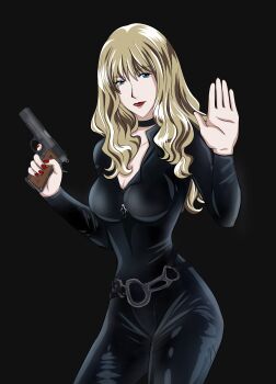 1girl absurdres blonde_hair blue_eyes catsuit choker cowboy_bebop curls gun highres julia_(cowboy_bebop) leather suiyobi weapon