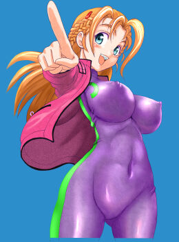 1girl :d absurdres blonde_hair blue_eyes blush bodysuit braid breasts covered_erect_nipples covered_navel fuurinji_miu hair_ornament hairclip half_up_braid highres impossible_clothes jacket large_breasts long_hair looking_at_viewer matsuena_shun mole mole_under_eye nipples official_art open_clothes open_jacket open_mouth outstretched_arm pointing pointing_at_viewer purple_bodysuit shijou_saikyou_no_deshi_ken'ichi simple_background skin_tight smile solo standing tareme teeth thighs unitard upper_teeth_only