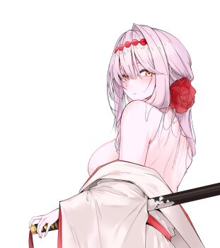 absurdres breasts commentary_request flower goddess_of_victory:_nikke hairband highres imaginationuncle japanese_clothes katana kimono korean_commentary large_breasts looking_back official_alternate_costume orange_eyes pink_hair red_flower red_hairband red_nails red_rose rose scabbard scarlet_(black_shadow)_(longing_flower)_(nikke) scarlet_(black_shadow)_(nikke) scarlet_(nikke) sheath simple_background single_hair_intake sword two-tone_kimono upper_body weapon white_background white_kimono