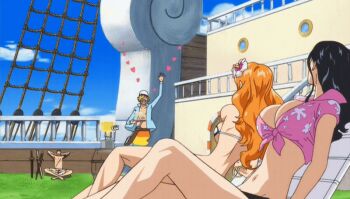 10s 2016 2boys 2girls animated animated_gif anime_screenshot backboob bead_bracelet beads bikini black_hair blue_shirt blue_sky bouncing_breasts bracelet breasts chair cleavage close-up closed_eyes cowboy_hat cup deck_chair drink drinking_glass female_focus floral_print flower folding_chair hair_flower hair_ornament happy hat heart heart-shaped_pupils huge_breasts jewelry large_breasts long_hair lying multiple_boys multiple_girls nami_(one_piece) navel nico_robin on_stomach one_piece one_piece_special:_episode_0 orange_hair roronoa_zoro sanji_(one_piece) shiny_skin shirt side-tie_bikini_bottom sideboob sky sunbathing swimsuit symbol-shaped_pupils tagme tattoo thong thong_bikini tied_shirt umbrella white_hat wide_hips