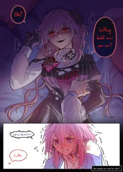 Rule 34 | 2girls, absurdres, black gloves, blue eyes, blue shirt, blush, cesar zebrah, commentary, dual persona, earrings, english commentary, english text, evernight (honkai: star rail), gloves, highres, honkai: star rail, honkai (series), jewelry, long hair, march 7th (honkai: star rail), march 7th (preservation) (honkai: star rail), multicolored eyes, multiple girls, open mouth, pink eyes, pink hair, red eyes, selfcest, shirt, smile, speech bubble, sweat, thought bubble, trembling, two-tone eyes, yuri